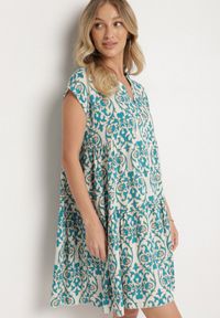 Born2be - Zielona Bawełniane Sukienka o Rozkloszowanym Kroju Ozdobiona Falbanką Linola. Okazja: na co dzień. Kolor: zielony. Materiał: bawełna. Wzór: aplikacja. Sezon: lato. Styl: elegancki, casual #5