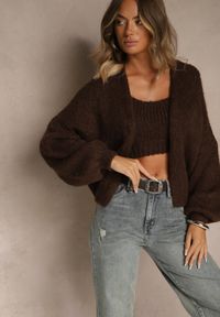 Renee - Brązowy Niezapinany Kardigan z Wełną i Wiskozą z Dołączonym Topem Belvane. Kolor: brązowy. Materiał: wełna, wiskoza. Długość rękawa: na ramiączkach #3