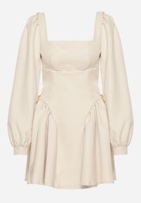 Born2be - Beżowa Sukienka Rozkloszowana z Gorsetową Górą i Materiałowym Paskiem na Tyle Enadil. Okazja: na co dzień. Typ kołnierza: dekolt gorset. Kolor: beżowy. Materiał: materiał. Typ sukienki: gorsetowe. Styl: casual #5