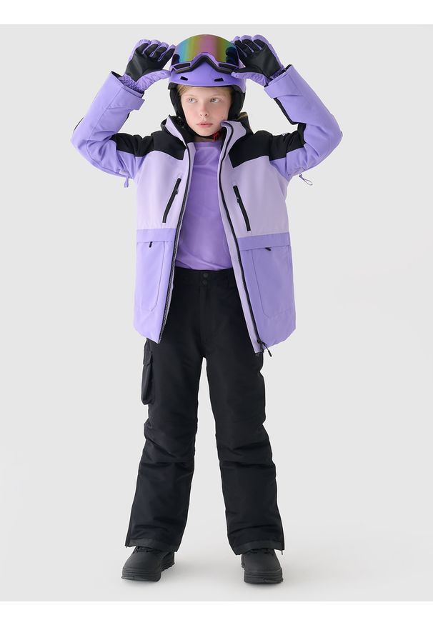 4f - 4F Kurtka snowboardowa membrana 10000 dziewczęca - fioletowa 164 (13-14 lat). Okazja: na co dzień. Typ kołnierza: kaptur. Kolor: fioletowy. Materiał: dzianina, poliester, materiał, tkanina. Sezon: lato, zima. Styl: klasyczny, sportowy, casual