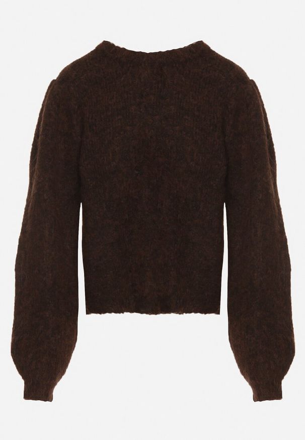 Born2be - Brązowy Kardigan z Wełną i Bufiastymi Rękawami Wiązany na Plecach Tuseleia. Okazja: na co dzień. Kolor: brązowy. Materiał: wełna. Styl: casual