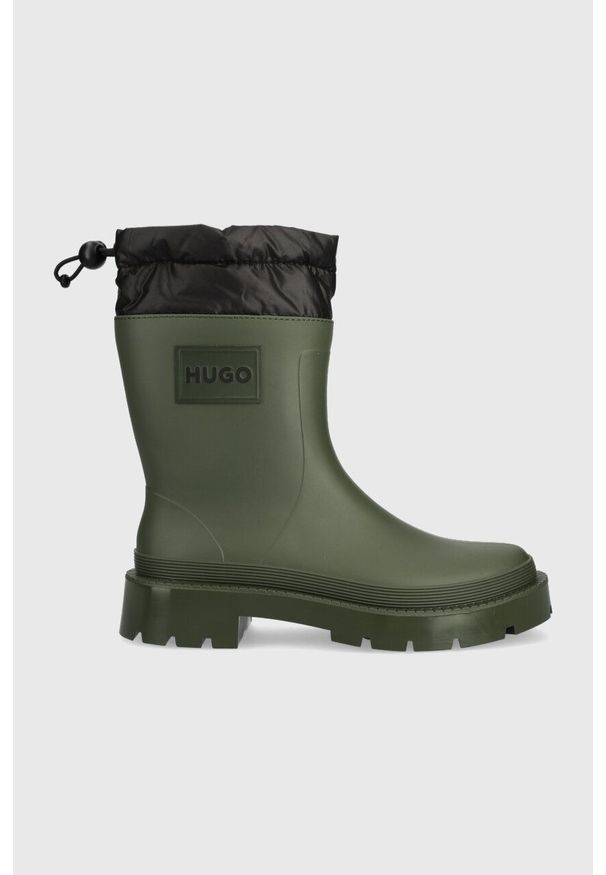 Hugo - HUGO kalosze Jin damskie kolor zielony 50503847. Nosek buta: okrągły. Kolor: zielony. Materiał: guma. Szerokość cholewki: normalna