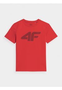 4f - T-shirt z nadrukiem chłopięcy. Kolor: czerwony. Materiał: bawełna. Wzór: nadruk