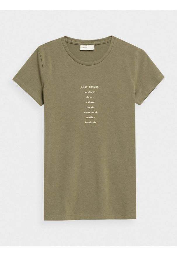 outhorn - T-shirt z nadrukiem damski. Okazja: na co dzień. Materiał: bawełna, elastan, jersey. Wzór: nadruk. Styl: casual