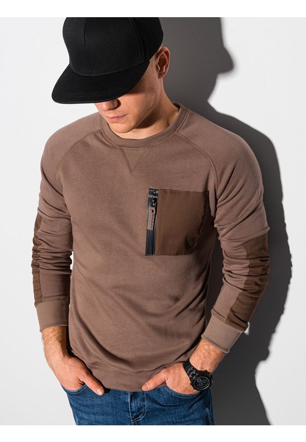 Ombre Clothing - Bluza męska z reglanowym rękawem - brązowa V3 OM-SSNZ-0122 - XXL. Kolor: brązowy. Materiał: materiał, bawełna, poliester