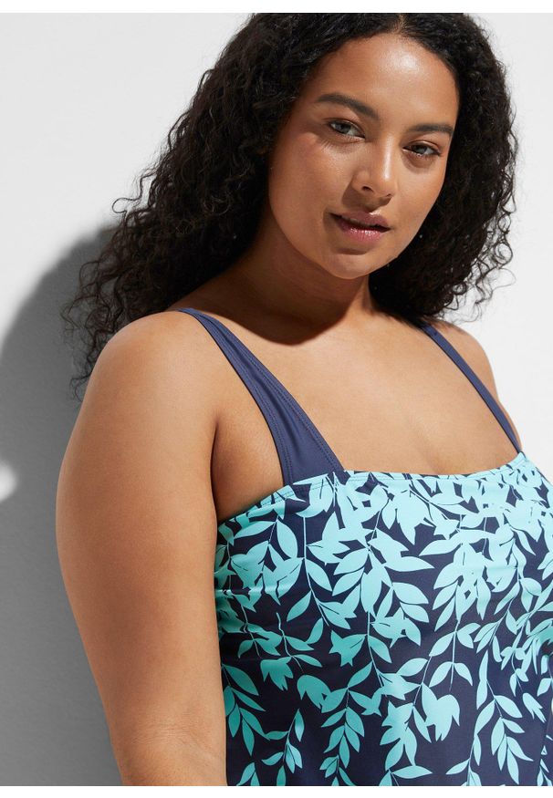 bonprix - Tankini (2 części) z szortami kąpielowymi. Kolor: niebieski. Długość rękawa: na ramiączkach. Wzór: nadruk, aplikacja. Styl: elegancki