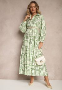 Renee - Zielona Rozkloszowana Sukienka z Wiskozą w Geometryczny Print Apirestia. Okazja: na co dzień, na spacer. Typ kołnierza: dekolt w kształcie V. Kolor: zielony. Materiał: wiskoza. Wzór: geometria, nadruk. Typ sukienki: proste. Styl: elegancki, casual #5