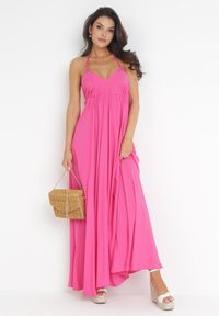 Born2be - Fuksjowa Rozkloszowana Sukienka Maxi z Wiązaniem na Szyi Cathenia. Kolor: różowy. Długość: maxi #3