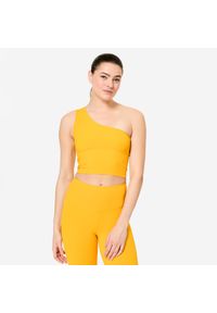 DOMYOS - Koszulka fitness damska Domyos bez rękawów. Kolor: żółty, pomarańczowy, wielokolorowy. Materiał: materiał, elastan, poliamid. Długość rękawa: bez rękawów. Długość: krótkie. Wzór: ze splotem. Sport: fitness #1