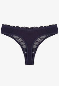 Born2be - Granatowe Koronkowe Majtki Stringi z Bawełny Venalora. Kolor: niebieski. Materiał: bawełna, koronka #2