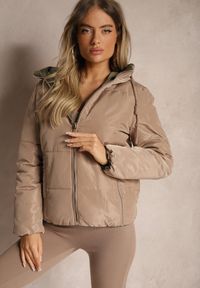 Renee - Beżowa Pikowana Kurtka Dwustronna z Kapturem Ozdobiona Suwakami Nevetila. Okazja: na co dzień. Typ kołnierza: kaptur. Kolor: beżowy. Materiał: jeans, materiał. Wzór: aplikacja. Styl: casual