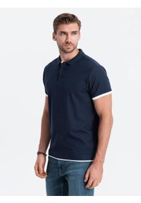 Ombre Clothing - Bawełniana męska koszulka polo z kontrastowymi wykończeniami – granatowa V4 - Rozmiar: M. Typ kołnierza: polo. Kolor: niebieski. Materiał: bawełna. Wzór: haft #8