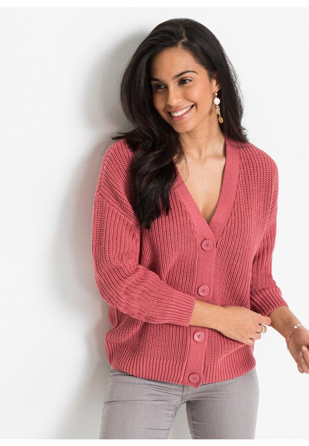 Sweter rozpinany oversize bonprix dymny malinowy. Kolor: różowy