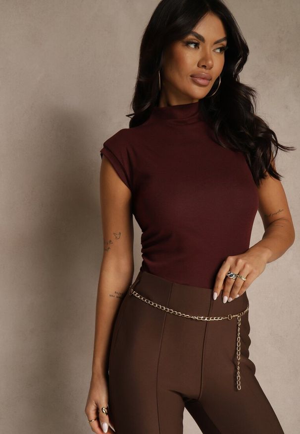 Renee - Bordowy Top z Bawełny i Wiskozy ze Stójką i Marszczeniem w Talii Zetelie. Typ kołnierza: kołnierzyk stójkowy. Kolor: czerwony. Materiał: bawełna, wiskoza. Styl: elegancki