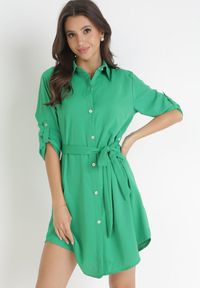 Born2be - Zielona Sukienka Koszulowa z Wiązanym Paskiem Dekitte. Kolor: zielony. Materiał: materiał. Typ sukienki: koszulowe