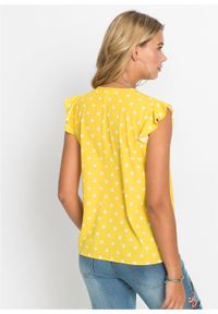 Bluzka z falbanami bonprix żółto-biały w groszki. Kolor: żółty. Wzór: grochy #3