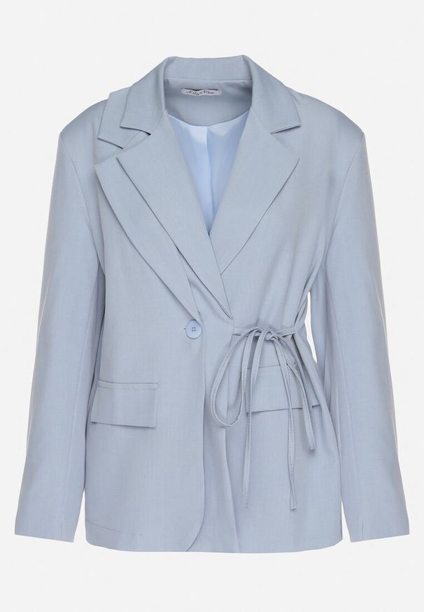 Born2be - Niebieska Marynarka z Ozdobnym Wiązaniem Lenirin. Okazja: na co dzień. Kolor: niebieski. Materiał: jeans. Styl: elegancki, casual
