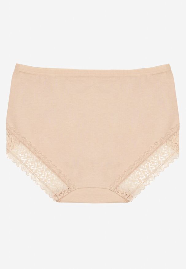 Renee - Beżowe Bawełniane Majtki Figi Zdobione Koronką Idilene. Kolekcja: plus size. Kolor: beżowy. Materiał: koronka, bawełna. Wzór: koronka, aplikacja