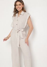 Born2be - Beżowy Bawełniany Kombinezon o Koszulowym Kroju z Wiązanym Paskiem Amerlia. Okazja: na co dzień. Kolor: beżowy. Materiał: bawełna. Styl: klasyczny, casual #5