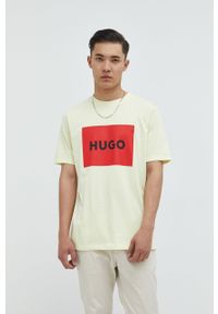 Hugo - HUGO t-shirt bawełniany 50467952 kolor beżowy z nadrukiem. Kolor: żółty. Materiał: bawełna. Wzór: nadruk