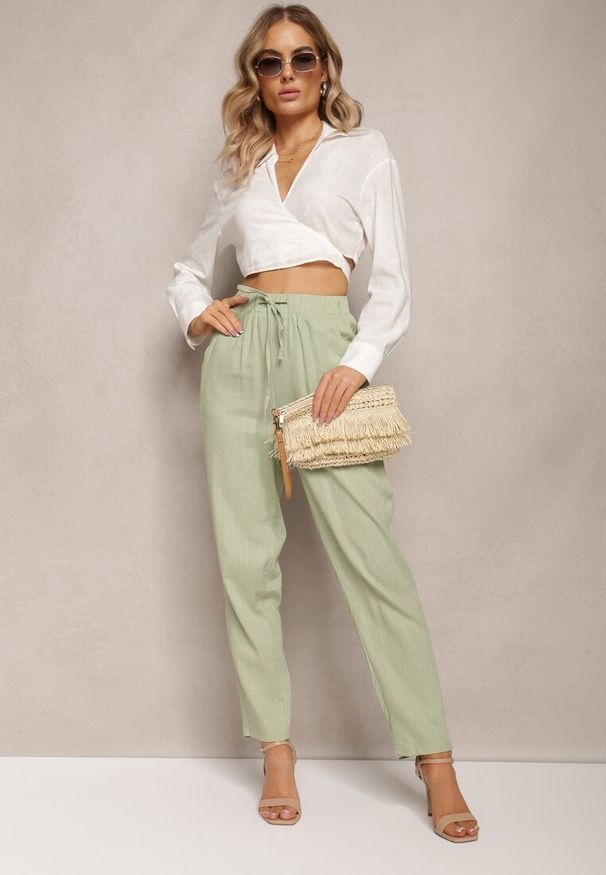 Renee - Jasnozielone Proste Spodnie Bawełniane z Gumką w Pasie Xisela. Kolor: zielony. Materiał: bawełna. Styl: elegancki