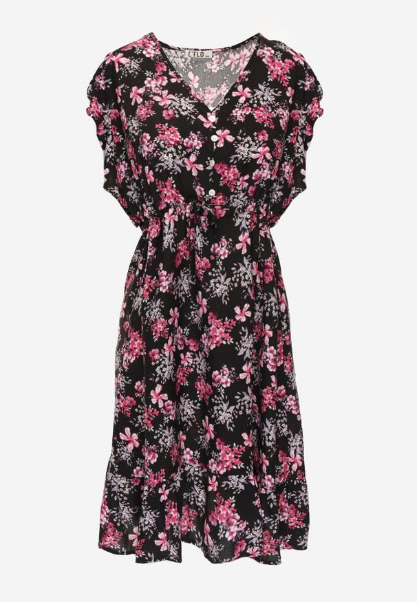 Renee - Czarna Sukienka z Wiskozy Philameia. Okazja: na co dzień. Typ kołnierza: kołnierz z falbankami. Kolor: czarny. Materiał: wiskoza. Wzór: kwiaty, aplikacja. Sezon: lato. Styl: casual. Długość: mini