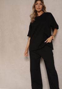 Renee - Czarny Komplet z Bawełny T-shirt z Rozcięciami i Spodnie o Szerokim Kroju Elpiola. Kolor: czarny. Materiał: bawełna