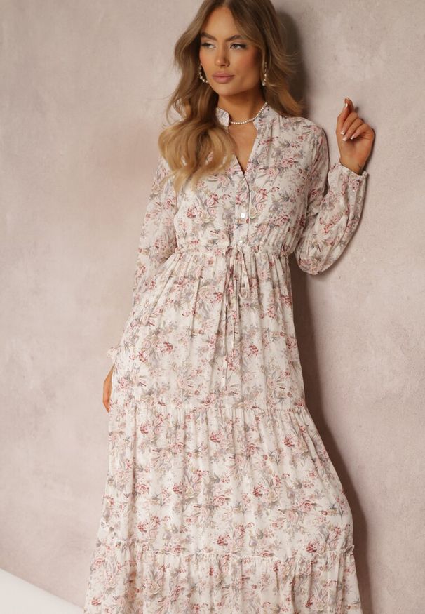 Renee - Biała Sukienka Maxi w Kwiaty ze Sznurkiem w Pasie Marili. Kolor: biały. Długość rękawa: długi rękaw. Wzór: kwiaty. Długość: maxi