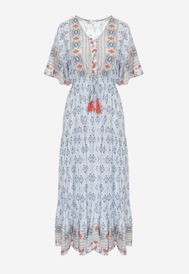 Renee - Jasnoniebieska Sukienka Maxi z Krótkim Rękawem i Gumką w Talii Emaya. Kolor: niebieski. Materiał: wiskoza, tkanina. Długość rękawa: krótki rękaw. Styl: boho. Długość: maxi