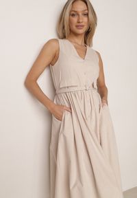 Born2be - Beżowa Sukienka o Rozkloszowanym Kroju z Wiskozą i Bawełną z Paskiem Kelaliria. Okazja: na co dzień, na randkę. Kolor: beżowy. Materiał: wiskoza, bawełna. Typ sukienki: proste. Styl: elegancki, casual #2