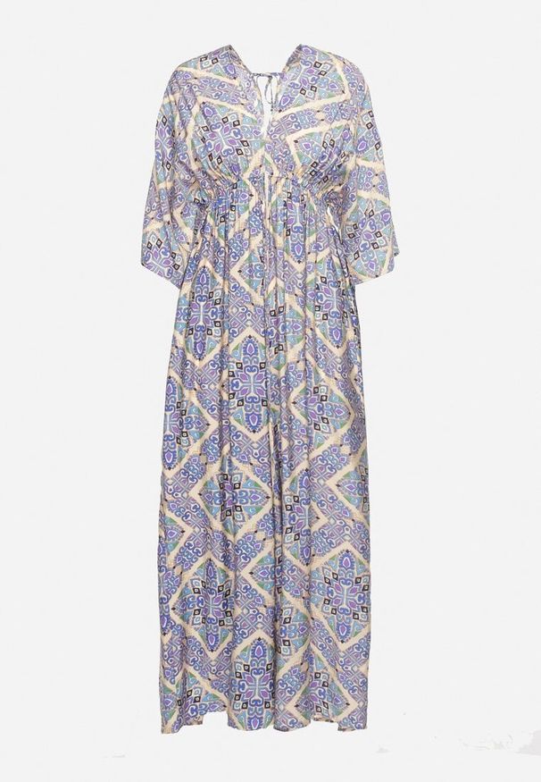 Born2be - Niebieski Kombinezon Boho z Gumką w Talii Wiązany na Plecach z Szerokimi Nogawkami Rodolia. Okazja: na co dzień. Kolor: niebieski. Długość rękawa: krótki rękaw. Długość: krótkie. Styl: boho