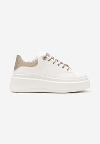Born2be - Biało-Złote Sneakersy z Brokatem i Biżuteryjnymi Sznurowadłami Nilirea. Kolor: biały. Wzór: gładki #3
