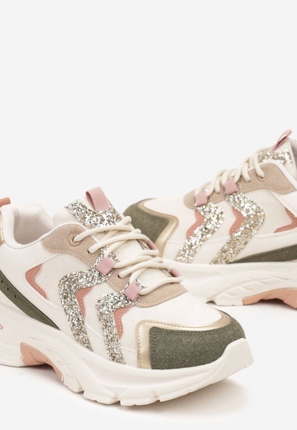 Born2be - Beżowo-Zielone Sneakersy na Grubej Podeszwie z Brokatowymi Wstawkami Sairiel. Okazja: na co dzień. Kolor: beżowy. Materiał: bawełna, jeans. Sezon: lato, wiosna