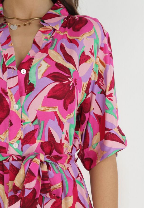 Born2be - Fuksjowa Koszulowa Sukienka z Wiskozy w Kwiaty i Wiązanym Paskiem Fstrid. Kolor: różowy. Materiał: wiskoza. Wzór: kwiaty. Typ sukienki: koszulowe