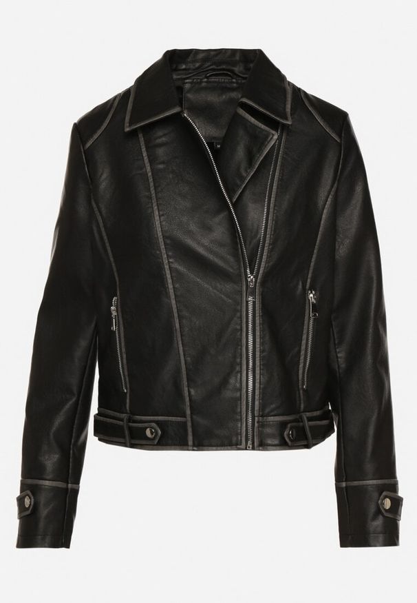 Born2be - Czarna Kurtka Ramoneska z Nitami i Ozdobnymi Przeszyciami Adivila. Okazja: na co dzień. Kolor: czarny. Materiał: jeans. Styl: casual, klasyczny, elegancki, rockowy