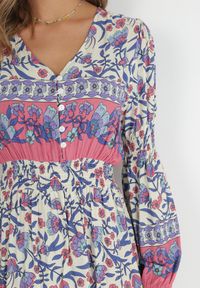 Born2be - Beżowo-Niebieska Sukienka Boho z Wiskozy Lohine. Kolor: beżowy. Materiał: wiskoza. Długość rękawa: długi rękaw. Wzór: aplikacja, kwiaty. Styl: boho. Długość: maxi #5
