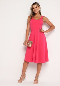 Born2be - Fuksjowa Rozkloszowana Sukienka Midi na Ramiączkach z Głębokim Dekoltem Maudia. Kolor: różowy. Długość rękawa: na ramiączkach. Długość: midi #5