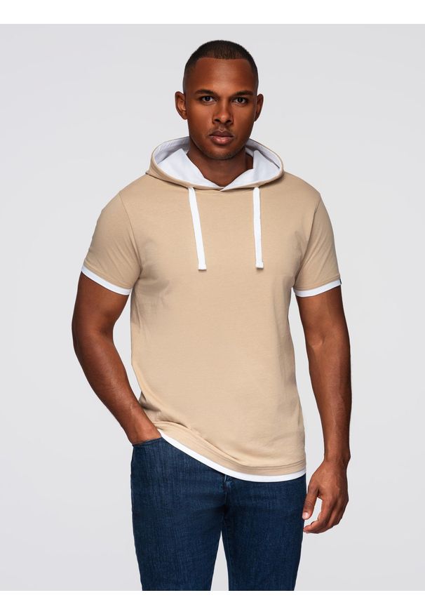 Ombre Clothing - Męski t-shirt bawełniany z kapturem – beżowy V5 - Rozmiar: L. Okazja: na co dzień. Typ kołnierza: kaptur. Kolor: beżowy. Materiał: bawełna. Styl: klasyczny, casual, elegancki