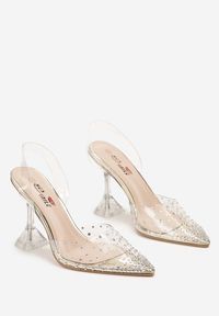 Renee - Złote Sandały z Transparentną Cholewką Ozdobioną Cyrkoniami na Geometrycznym Obcasie Cedrella. Kolor: złoty. Szerokość cholewki: normalna. Wzór: geometria, aplikacja. Obcas: na obcasie. Wysokość obcasa: średni #2