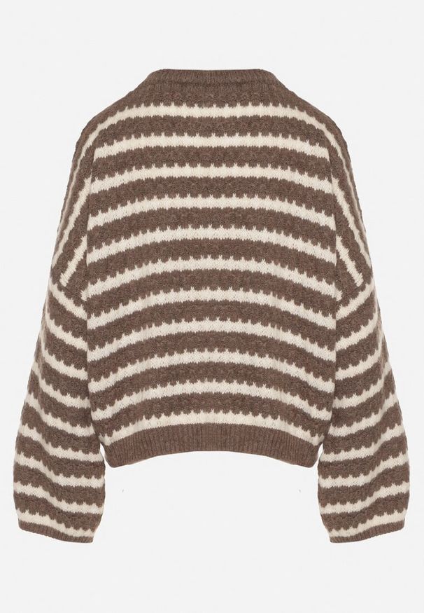Born2be - Brązowy Sweter Oversize z Wełną i Wiskozą o Luźnym Splocie w Paski Ternose. Okazja: na co dzień. Kolor: brązowy. Materiał: wiskoza, wełna. Wzór: paski, ze splotem. Styl: casual, klasyczny