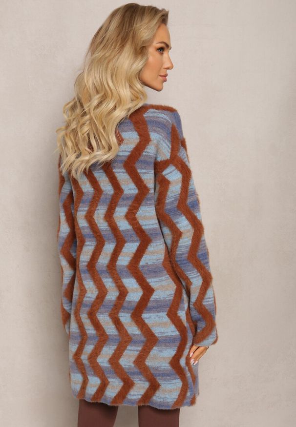 Renee - Niebiesko-Brązowy Luźny Kardigan Niezapinany w Geometryczny Print Sheshy. Kolor: niebieski. Materiał: dzianina, tkanina. Wzór: geometria, nadruk. Styl: elegancki