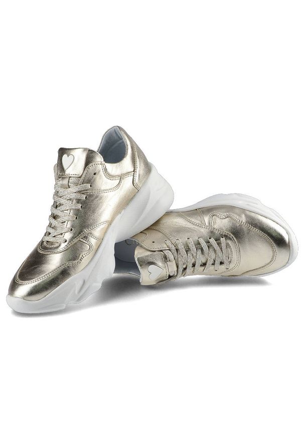 CheBello - Złote Sneakersy Chebello Damskie Skórzane Obuwie. Okazja: na co dzień. Kolor: złoty. Materiał: skóra. Szerokość cholewki: normalna. Wzór: aplikacja. Obcas: na obcasie. Styl: sportowy, casual. Wysokość obcasa: średni