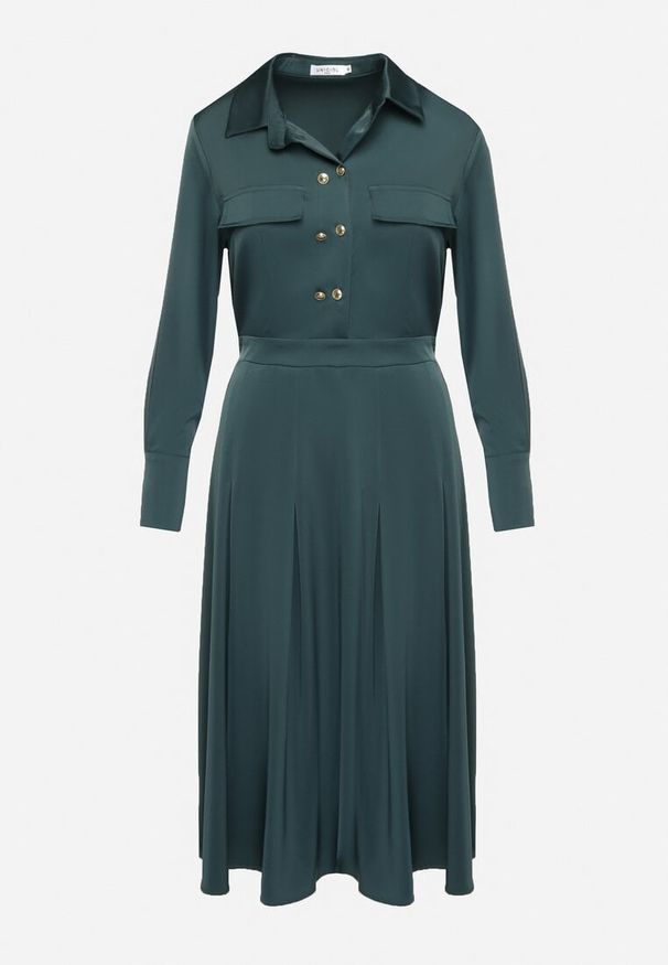 Born2be - Zielona Rozkloszowana Sukienka o Koszulowym Kroju z Imitacją Kieszeni i Gumką w Talii Rizza. Okazja: na co dzień. Kolor: zielony. Typ sukienki: koszulowe. Styl: casual, elegancki, klasyczny, wizytowy