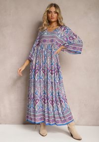 Renee - Niebiesko-Fioletowa Rozkloszowana Sukienka we Wzór Paisley z Rękawem 3/4 Briarwa. Okazja: na co dzień. Kolor: niebieski. Wzór: paisley. Styl: elegancki, casual #3