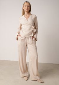 Born2be - Beżowe Wiskozowe Spodnie z Szeroką Nogawką i Wiązaniem w Talii Terisanna. Okazja: na co dzień. Kolor: beżowy. Materiał: wiskoza. Styl: casual, elegancki, klasyczny #3