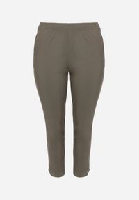 Born2be - Ciemnozielone Spodnie z Wiskozą z Gumką w Talii i Aplikacjami przy Nogawkach Stellorie. Okazja: na co dzień. Kolekcja: plus size. Kolor: zielony. Materiał: wiskoza. Wzór: aplikacja. Styl: elegancki, casual