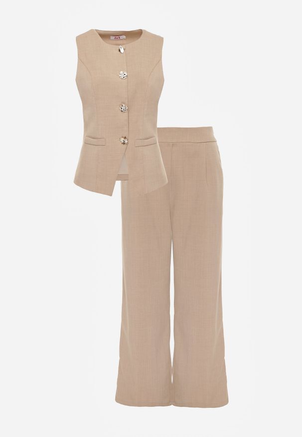 Born2be - Beżowy Komplet Garniturowy z Bawełną Kamizelka i Szerokie Spodnie Sererissa. Kolor: beżowy. Materiał: bawełna