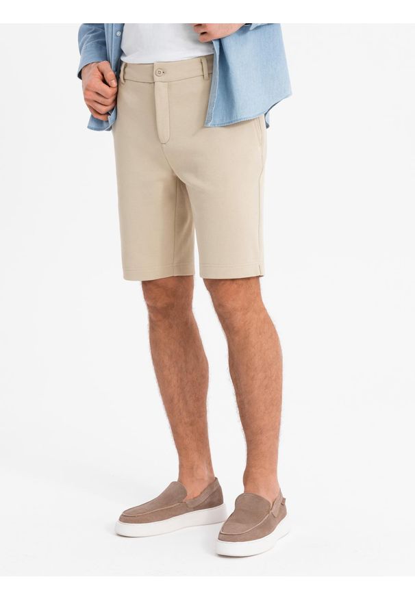 Ombre Clothing - Szorty męskie ze strukturalnej dzianiny SLIM FIT – piaskowe V3 OM-SRCS-0169 - XXL. Okazja: na co dzień. Kolor: beżowy. Materiał: dzianina. Wzór: jednolity. Styl: casual, sportowy, klasyczny, wakacyjny