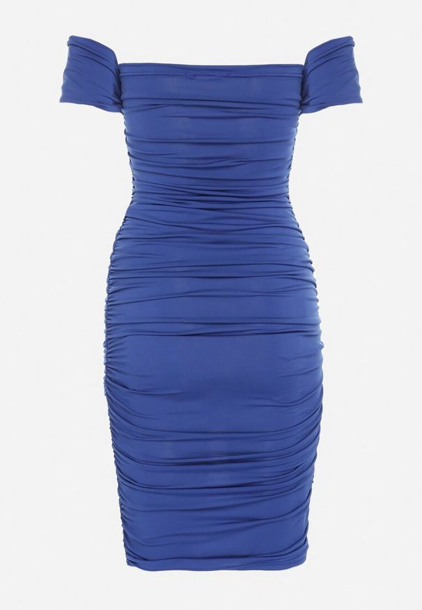 Born2be - Niebieska Sukienka o Dopasowanym Kroju z Odkrytymi Ramionami i Drapowaniem Tosoria. Okazja: na co dzień. Kolor: niebieski. Typ sukienki: z odkrytymi ramionami. Styl: casual