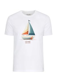 Ochnik - Kremowy T-shirt męski z nadrukiem. Kolor: biały. Materiał: bawełna. Wzór: nadruk #4